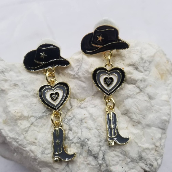 Western Cowgirl Hat Boot Enamel Heart Dangle Earrings Black - Picture 1 of 2